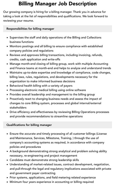 billing manager job description template|Billing Manager Job Description Sample Template .